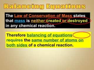 The Law of Conservation of Mass states
that mass is neither created or destroyed
in any chemical reaction.
Therefore balancing of equations
requires the same number of atoms on
both sides of a chemical reaction.

 