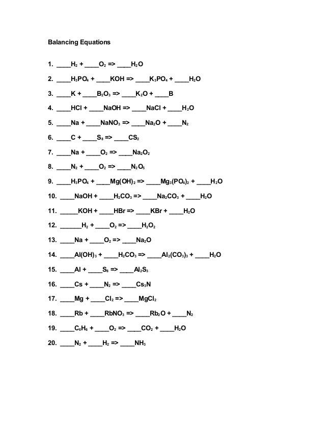 Balancing equations worksheet