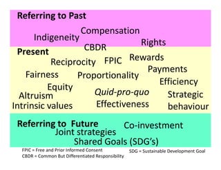 Reciprocity
Fairness
Equity
Proportionality
Compensation
Rewards
Payments
Referring to Past
Present
Efficiency
Rights
CBDR...