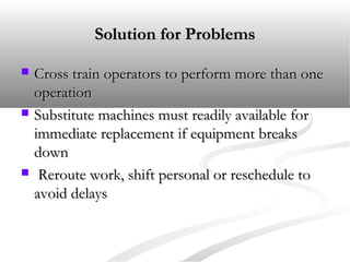 Solution for ProblemsSolution for Problems
 Cross train operators to perform more than oneCross train operators to perform more than one
operationoperation
 Substitute machines must readily available forSubstitute machines must readily available for
immediate replacement if equipment breaksimmediate replacement if equipment breaks
downdown
 Reroute work, shift personal or reschedule toReroute work, shift personal or reschedule to
avoid delaysavoid delays
 