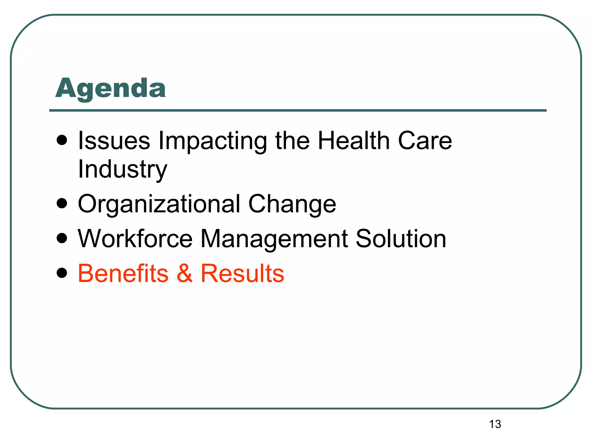 Agenda Issues Impacting the Health Care Industry Organizational Change Workforce Management Solution Benefits & Results 