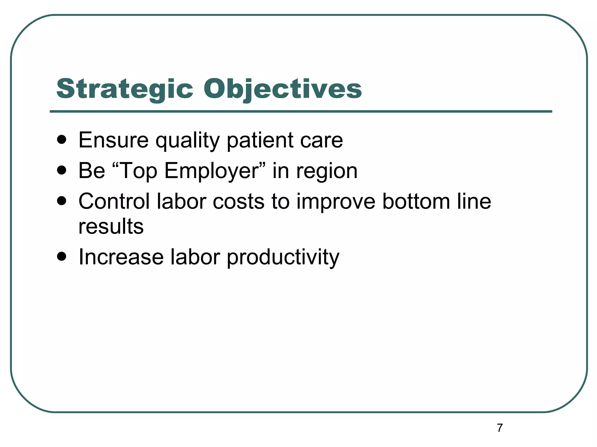 Strategic Objectives Ensure quality patient care Be “Top Employer” in region Control labor costs to improve bottom line results Increase labor productivity  