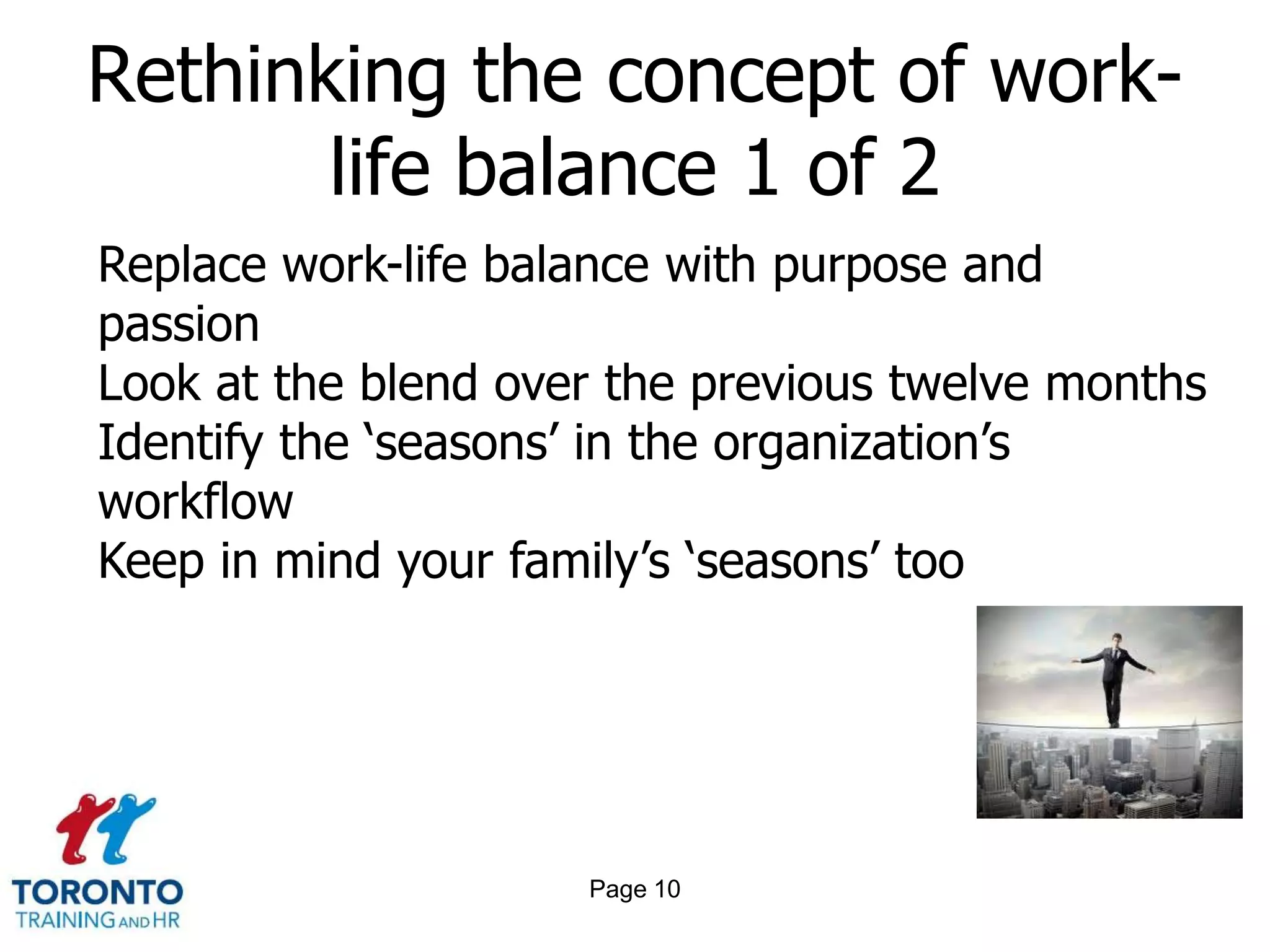 Rethinking the concept of work-
       life balance 1 of 2
Replace work-life balance with purpose and
passion
Look at the blend over the previous twelve months
Identify the ‘seasons’ in the organization’s
workflow
Keep in mind your family’s ‘seasons’ too




                     Page 10
 