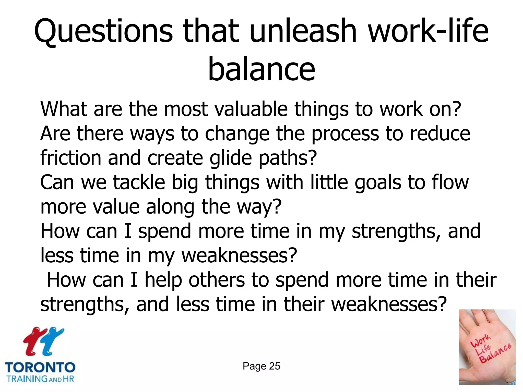 Questions that unleash work-life
            balance
What are the most valuable things to work on?
Are there ways to change the process to reduce
friction and create glide paths?
Can we tackle big things with little goals to flow
more value along the way?
How can I spend more time in my strengths, and
less time in my weaknesses?
 How can I help others to spend more time in their
strengths, and less time in their weaknesses?

                      Page 25
 