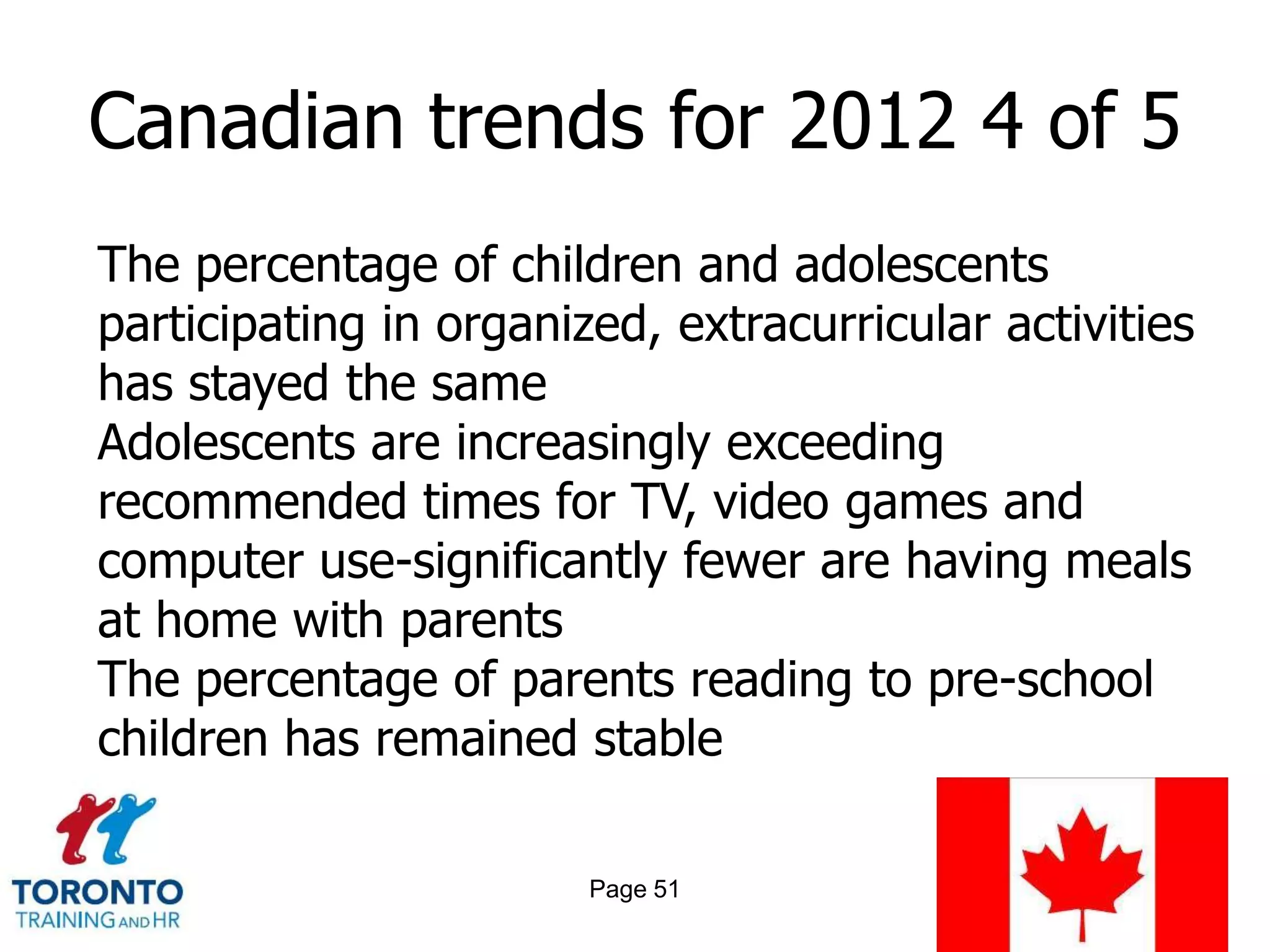 Canadian trends for 2012 4 of 5
The percentage of children and adolescents
participating in organized, extracurricular activities
has stayed the same
Adolescents are increasingly exceeding
recommended times for TV, video games and
computer use-significantly fewer are having meals
at home with parents
The percentage of parents reading to pre-school
children has remained stable

                        Page 51
 