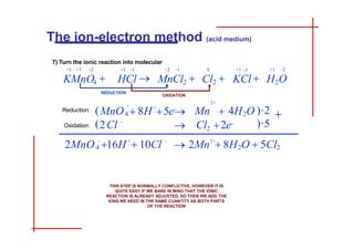 7) Turn the ionic reaction into molecular
+1 -1 +1 -2
KCl  H2O
THIS STEP IS NORMALLY CONFLICTIVE, HOWEVER IT IS
QUITE EASY IF WE BARE IN MIND THAT THE IONIC
REACTION IS ALREADY ADJUSTED, SO THEN WE ADD THE
IONS WE NEED IN THE SAME CUANTITY AS BOTH PARTS
OF THE REACTION
4
-
-
2
2
+
5e
-
 Cl 2e-
(MnO  8H
(2Cl )·5
2+
Mn  4H O )·2 
4
2+
-

+ -
16H  10Cl 2 2
2MnO  2Mn  8H O  5Cl
The ion-electron method (acid medium)
+1 +7 -2 +1 -1
KMnO4  HCl 
REDUCTION
+2 -1 0
MnCl2  Cl2 
OXIDATION
Reduction:
Oxidation:
INDEX GUIDE BASIC MEDIUM ESPAÑOL
 