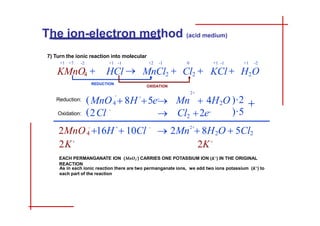 7) Turn the ionic reaction into molecular
+1 -1 +1 -2
KCl  H2O
4
-
-
2
2
+
5e
-
 Cl 2e-
(MnO  8H
(2Cl )·5
2+
Mn  4H O )·2 
4
2+
-

+ -
16H  10Cl 2 2
2MnO  2Mn  8H O  5Cl
2K+
2K+
EACH PERMANGANATE ION (MnO4
-) CARRIES ONE POTASSIUM ION (K+) IN THE ORIGINAL
REACTION
As in each ionic reaction there are two permanganate ions, we add two ions potassium (K+) to
each part of the reaction
The ion-electron method (acid medium)
+1 +7 -2 +1 -1
KMnO4  HCl 
REDUCTION
+2 -1 0
MnCl2  Cl2 
OXIDATION
Reduction:
Oxidation:
INDEX GUIDE BASIC MEDIUM ESPAÑOL
 