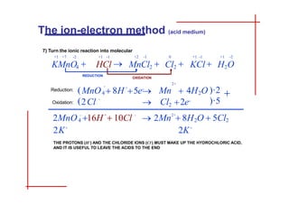 7) Turn the ionic reaction into molecular
+1 -1 +1 -2
KCl  H2O
4
-
-
2
2
+
5e
-
 Cl 2e-
(MnO  8H
(2Cl )·5
2+
Mn  4H O )·2 
4
2+
-

+ -
16H  10Cl 2 2
2MnO  2Mn  8H O  5Cl
2K+
2K+
THE PROTONS (H+) AND THE CHLORIDE IONS (Cl-) MUST MAKE UP THE HYDROCHLORIC ACID,
AND IT IS USEFUL TO LEAVE THE ACIDS TO THE END
The ion-electron method (acid medium)
+1 +7 -2 +1 -1
KMnO4  HCl 
REDUCTION
+2 -1 0
MnCl2  Cl2 
OXIDATION
Reduction:
Oxidation:
INDEX GUIDE BASIC MEDIUM ESPAÑOL
 