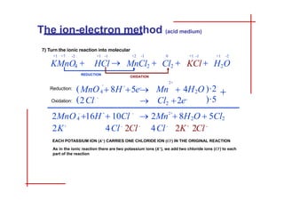 7) Turn the ionic reaction into molecular
+1 -1 +1 -2
KCl  H2O
4
-
-
2
2
+
5e
-
 Cl 2e-
(MnO  8H
(2Cl )·5
2+
Mn  4H O )·2 
4
2+
- + -
16H  10Cl  2 2
2MnO  2Mn  8H O  5Cl
2K+
4Cl -
2Cl -
4Cl -
2K+
2Cl -
EACH POTASSIUM ION (K+) CARRIES ONE CHLORIDE ION (Cl-) IN THE ORIGINAL REACTION
As in the ionic reaction there are two potassium ions (K+), we add two chloride ions (Cl-) to each
part of the reaction
The ion-electron method (acid medium)
+1 +7 -2 +1 -1
KMnO4  HCl 
REDUCTION
+2 -1 0
MnCl2  Cl2 
OXIDATION
Reduction:
Oxidation:
INDEX GUIDE BASIC MEDIUM ESPAÑOL
 