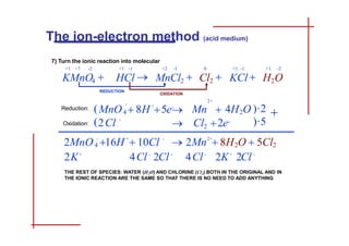 7) Turn the ionic reaction into molecular
+1 -1 +1 -2
KCl  H2O
4
-
-
2
2
+
5e
-
 Cl 2e-
(MnO  8H
(2Cl )·5
2+
Mn  4H O )·2 
4
2+
- + -
16H  10Cl  2 2
2MnO  2Mn  8H O  5Cl
2K+
4Cl -
2Cl -
4Cl -
2K+
2Cl -
THE REST OF SPECIES: WATER (H2O) AND CHLORINE (Cl2) BOTH IN THE ORIGINAL AND IN
THE IONIC REACTION ARE THE SAME SO THAT THERE IS NO NEED TO ADD ANYTHING
The ion-electron method (acid medium)
+1 +7 -2 +1 -1
KMnO4  HCl 
REDUCTION
+2 -1 0
MnCl2  Cl2 
OXIDATION
Reduction:
Oxidation:
INDEX GUIDE BASIC MEDIUM ESPAÑOL
 