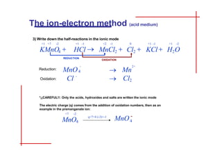 3) Write down the half-reactions in the ionic mode
+1 -1 +1 -2
KCl  H2O
+1 +7 -2 +1 -1
KMnO4  HCl 
REDUCTION
+2 -1 0
MnCl2  Cl2 
OXIDATION
*¡¡CAREFUL!!: Only the acids, hydroxides and salts are written the ionic mode
The electric charge (q) comes from the addition of oxidation numbers, then as an
example in the premanganate ion:
+7 -2
MnO4
q=7+4·(-2)=-1
4
MnO -
Reduction:
Oxidation:
MnO4
2+
-
 Mn
 Cl2
Cl -
The ion-electron method (acid medium)
INDEX GUIDE BASIC MEDIUM ESPAÑOL
 