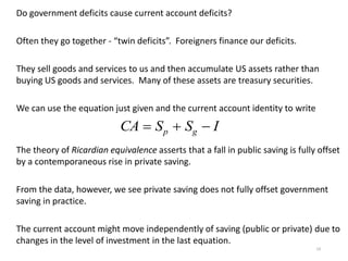 19
Do government deficits cause current account deficits?
Often they go together - “twin deficits”. Foreigners finance our deficits.
They sell goods and services to us and then accumulate US assets rather than
buying US goods and services. Many of these assets are treasury securities.
We can use the equation just given and the current account identity to write
The theory of Ricardian equivalence asserts that a fall in public saving is fully offset
by a contemporaneous rise in private saving.
From the data, however, we see private saving does not fully offset government
saving in practice.
The current account might move independently of saving (public or private) due to
changes in the level of investment in the last equation.

CA  Sp  Sg  I
 