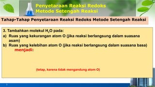 Penyetaraan Reaksi Redoks
Metode Setengah Reaksi
5
Tahap-Tahap Penyetaraan Reaksi Redoks Metode Setengah Reaksi
3. Tambahkan molekul H2O pada:
a) Ruas yang kekurangan atom O (jika reaksi berlangsung dalam suasana
asam)
b) Ruas yang kelebihan atom O (jika reaksi berlangsung dalam suasana basa)
menjadi:
(tetap, karena tidak mengandung atom O)
 
