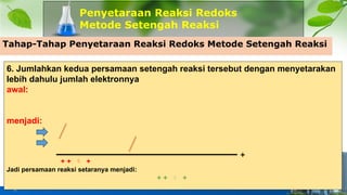 Penyetaraan Reaksi Redoks
Metode Setengah Reaksi
8
Tahap-Tahap Penyetaraan Reaksi Redoks Metode Setengah Reaksi
6. Jumlahkan kedua persamaan setengah reaksi tersebut dengan menyetarakan
lebih dahulu jumlah elektronnya
awal:
menjadi:
+ +  +
Jadi persamaan reaksi setaranya menjadi:
+ +  +
+
 
