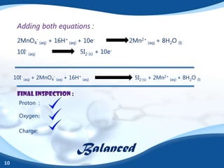 Adding both equations :
      2MnO4- (aq) + 16H+ (aq) + 10e-                2Mn2+ (aq) + 8H2O (l)
      10I- (aq)                    5I2 (s) + 10e-



     10I- (aq) + 2MnO4- (aq) + 16H+ (aq)              5I2 (s) + 2Mn2+ (aq) + 8H2O (l)

      Final inspection :
       Proton :

       Oxygen:

       Charge:


                                  Balanced
10
 