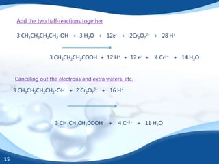 Add the two half-reactions together

      3 CH3CH2CH2CH2-OH + 3 H2O + 12e- + 2Cr2O72- + 28 H+



                   3 CH3CH2CH2COOH + 12 H+ + 12 e- +        4 Cr3+ + 14 H2O


     Canceling out the electrons and extra waters, etc.

     3 CH3CH2CH2CH2-OH + 2 Cr2O72- + 16 H+




                      3 CH3CH2CH2COOH       +   4 Cr3+ + 11 H2O




15
 