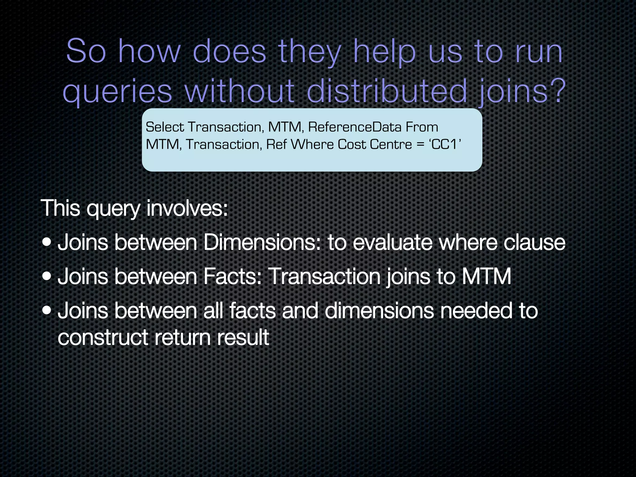 Select Transaction, MTM, ReferenceData From MTM, Transaction, Ref Where Cost Centre = ‘CC1’ 