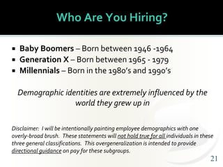 2121
Who Are You Hiring?
 Baby Boomers – Born between 1946 -1964
 Generation X – Born between 1965 - 1979
 Millennials ...