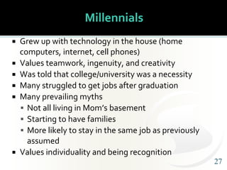 2727
Millennials
 Grew up with technology in the house (home
computers, internet, cell phones)
 Values teamwork, ingenui...