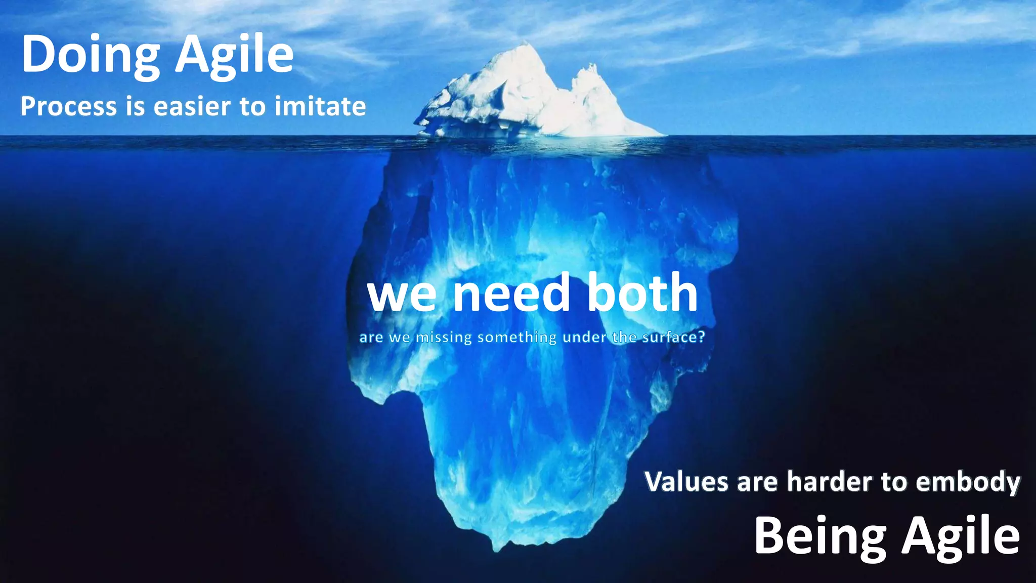 Values are harder to embody
Being Agile
Doing Agile
Process is easier to imitate
we need both
 