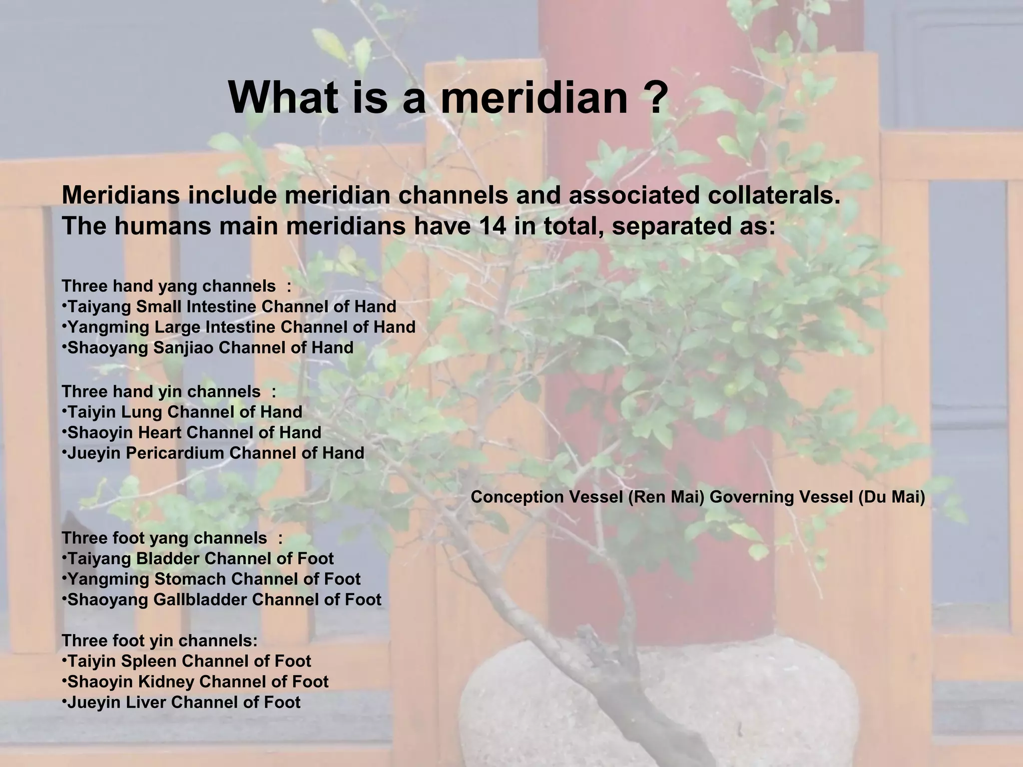 What is a meridian ?
Meridians include meridian channels and associated collaterals.
The humans main meridians have 14 in total, separated as:
Three hand yang channels ：
•Taiyang Small Intestine Channel of Hand
•Yangming Large Intestine Channel of Hand
•Shaoyang Sanjiao Channel of Hand
Three hand yin channels ：
•Taiyin Lung Channel of Hand
•Shaoyin Heart Channel of Hand
•Jueyin Pericardium Channel of Hand
Conception Vessel (Ren Mai) Governing Vessel (Du Mai)
Three foot yang channels ：
•Taiyang Bladder Channel of Foot
•Yangming Stomach Channel of Foot
•Shaoyang Gallbladder Channel of Foot
Three foot yin channels:
•Taiyin Spleen Channel of Foot
•Shaoyin Kidney Channel of Foot
•Jueyin Liver Channel of Foot
 