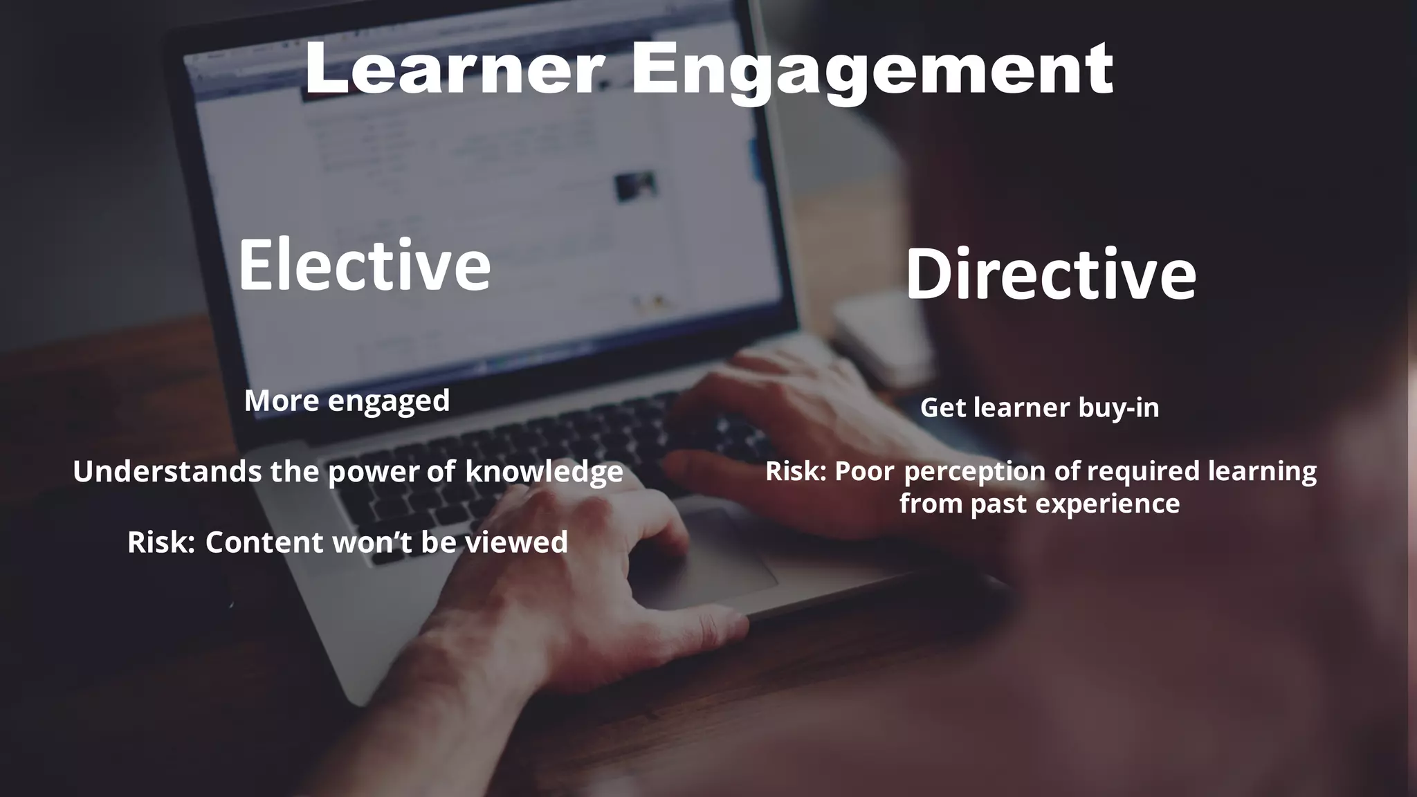 Learner Engagement
Elective Directive
More engaged
Understands the power of knowledge
Risk: Content won’t be viewed
Get learner buy-in
Risk: Poor perception of required learning
from past experience
 
