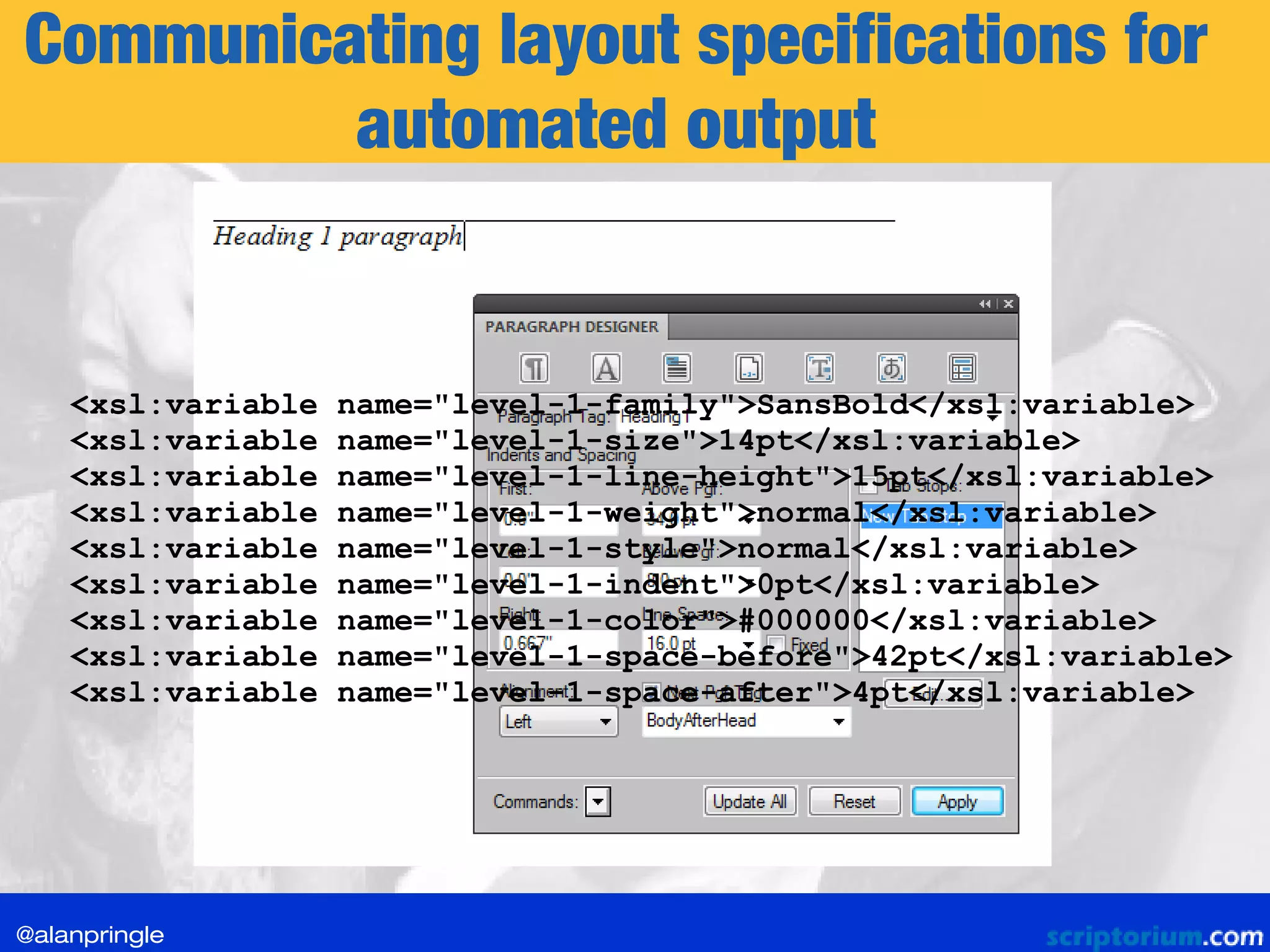 Communicating layout specifications for
automated output
<xsl:variable name="level-1-family">SansBold</xsl:variable>
<xsl:variable name="level-1-size">14pt</xsl:variable>
<xsl:variable name="level-1-line-height">15pt</xsl:variable>
<xsl:variable name="level-1-weight">normal</xsl:variable>
<xsl:variable name="level-1-style">normal</xsl:variable>
<xsl:variable name="level-1-indent">0pt</xsl:variable>
<xsl:variable name="level-1-color">#000000</xsl:variable>
<xsl:variable name="level-1-space-before">42pt</xsl:variable>
<xsl:variable name="level-1-space-after">4pt</xsl:variable>
@alanpringle
 