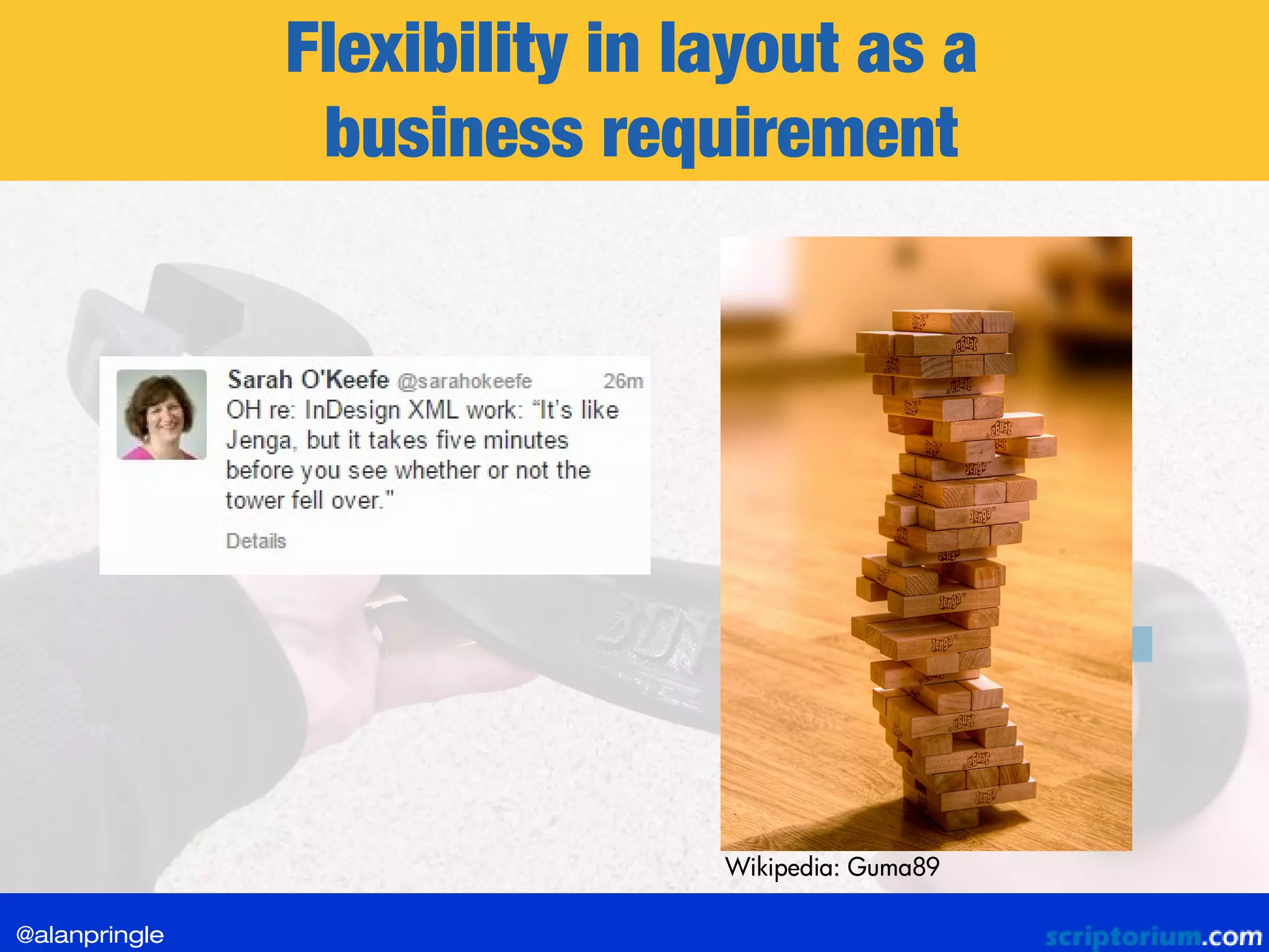 Flexibility in layout as a
business requirement
@alanpringle
Wikipedia: Guma89
 
