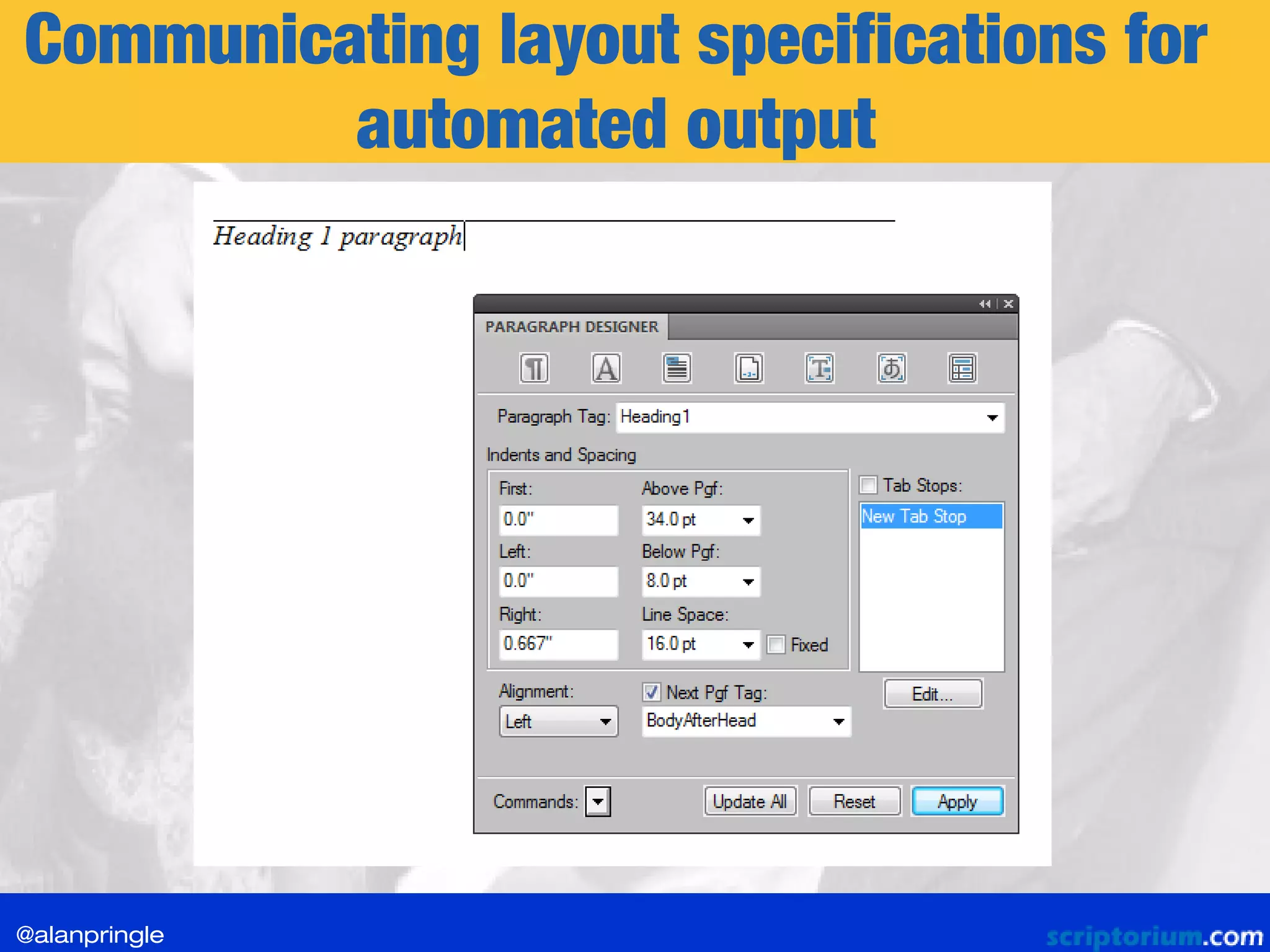 Communicating layout specifications for
automated output
@alanpringle
 