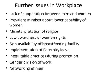 Further Issues in Workplace
• Lack of cooperation between men and women
• Prevalent mindset about lower capability of
women
• Misinterpretation of religion
• Low awareness of women rights
• Non-availability of breastfeeding facility
• Implementation of Paternity leave
• Inequitable practices during promotion
• Gender division of work
• Networking of men
 