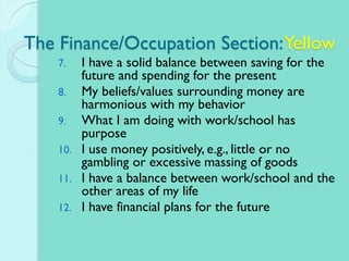 The Finance/Occupation Section:Yellow
7. I have a solid balance between saving for the
future and spending for the present
8. My beliefs/values surrounding money are
harmonious with my behavior
9. What I am doing with work/school has
purpose
10. I use money positively, e.g., little or no
gambling or excessive massing of goods
11. I have a balance between work/school and the
other areas of my life
12. I have financial plans for the future
 