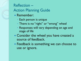 Reflection –
Action Planning Guide
 Remember:
◦ Each person is unique
◦ There is no “right” or “wrong” wheel
◦ Responses will vary depending on age and
stage of life
 Consider the wheel you have created a
source of feedback.
 Feedback is something we can choose to
use or ignore.
 