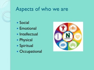 Aspects of who we are
 Social
 Emotional
 Intellectual
 Physical
 Spiritual
 Occupational
 