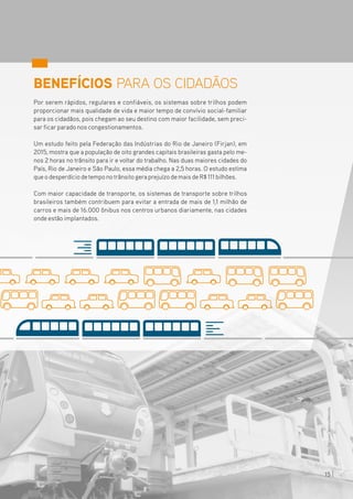 BENEFÍCIOS PARA OS CIDADÃOS
Por serem rápidos, regulares e confiáveis, os sistemas sobre trilhos podem
proporcionar mais qualidade de vida e maior tempo de convívio social-familiar
para os cidadãos, pois chegam ao seu destino com maior facilidade, sem preci-
sarficarparado nos congestionamentos.
Um estudo feito pela Federação das Indústrias do Rio de Janeiro (Firjan), em
2015, mostra que a população de oito grandes capitais brasileiras gasta pelo me-
nos 2 horas no trânsito para ir e voltar do trabalho. Nas duas maiores cidades do
País, Rio de Janeiro e São Paulo, essa média chega a 2,5 horas. O estudo estima
queodesperdíciodetemponotrânsitogeraprejuízodemaisdeR$111bilhões.
Com maior capacidade de transporte, os sistemas de transporte sobre trilhos
brasileiros também contribuem para evitar a entrada de mais de 1,1 milhão de
carros e mais de 16.000 ônibus nos centros urbanos diariamente, nas cidades
onde estão implantados.
Foto:DeivysonTeixeira/Metrofor
15
 
