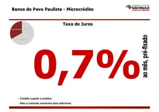 Taxa de Juros




           0,7%
• Crédito sujeito a análise.
• Não é cobrado nenhuma taxa adicional.
 