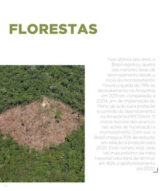 10
FLORESTAS
Nos últimos seis anos, o
Brasil registrou quatro
das menores taxas de
desmatamento desde o
início do monitoramento.
Houve a queda de 79% do
desmatamento na Amazônia
em 2015 em comparação a
2004, ano de implantação do
Plano de ação para proteção
e controle do desmatamento
na Amazônia (PPCDAm). O
índice decorre dos avanços
nas ações de fiscalização e
monitoramento. Com isso, o
Brasil chega a 70% de redução
em relação à projeção para
2020. Esse número está cada
vez mais próximo da meta
nacional voluntária de diminuir
em 80% o desflorestamento
até 2020.
 