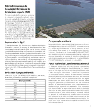 41
PrêmioInternacionalda
AssociaçãoInternacionalde
AvaliaçãodeImpacto(IAIA)
A modernização do licenciamento ambiental
se iniciou com estudos internacionais sobre o
tema e a avaliação de impactos ambientais.
Isso gerou a elaboração da proposta de Matriz
deImpactoporTipologiadeEmpreendimento,
orientandoepadronizandoaanálisedeimpac-
to ambiental, a gestão e o acompanhamento
dos programas ambientais. Foram ações que
permitiram ao Ibama receber, em 2012, o Prê-
mio Internacional da Associação Internacional
de Avaliação de Impacto (IAIA) pelos avanços
obtidos na avaliação de impacto ambiental,
no âmbito do processo de licenciamento.
ImplantaçãodoSiga2
O Ibama promoveu, nos últimos anos, avanços tecnológicos
destinados à melhoria do processo de licenciamento, com des-
taque para a implementação do Siga2, que se encontra em uso
no módulo Empreendedor e, em fase de teste, no módulo LAF.
O programa apoiará as análises técnicas e decisões administra-
tivasdolicenciamentoambientalfederal,comdesenvolvimento
de funcionalidades, como infográficos, relatórios e mapas te-
máticos dinâmicos, que servirão de guia aos usuários internos e
externos. Vale registrar o grande impacto de tais medidas para
a proteção do meio ambiente, considerando a importância das
licenças ambientais emitidas para os empreendimentos signifi-
cativos entre 2011-2014, como Belo Monte, Santo Antônio, Jirau,
e Teles Pires.
Emissãodelicençasambientais
Entre 2010 e 2016 (até março), foram emitidas, pelo Ibama,
4.282 licenças ambientais, conforme tabela abaixo.
Licenças emitidas
2010 518
2011 623
2012 709
2013 838
2014 814
2015 667
2016 (até março) 113
Total 4.282
Compensaçãoambiental
Foram identificados avanços na destinação de recursos da com-
pensação ambiental, que, entre 2011 e 2015, rompeu a marca de
R$ 1 bilhão, permitindo atender os biomas presentes no terri-
tório nacional. Esse cenário só foi possível porque o Ibama es-
truturou a Coordenação de Compensação Ambiental (CCOMP)
para organizar e instruir os processos de destinação e cobranças
dos recursos gerados no processo de licenciamento ambiental.
A destinação desses recursos está prevista no artigo 36 da Lei
nº 9.985/2000 (SNUC) e no Decreto nº 6.848/2009.
PortalNacionaldeLicenciamentoAmbiental
As melhorias inseridas no Portal Nacional de Licenciamento
Ambiental (PNLA) começaram em novembro de 2012 e decor-
reram de um amplo processo de articulação institucional entre
o MMA e os órgãos licenciadores. O objetivo era disponibilizar
as informações sobre o processo de licenciamento ambiental
produzida pelos órgãos licenciadores da União, dos estados e
do Distrito Federal. Em 2014, os bancos de dados dos órgãos
licenciadores, em âmbito federal, estadual e distrital, foram
integrados, permitindo o funcionamento dos mecanismos de
pesquisa de licenças e informações sobre o licenciamento am-
biental no Portal. No ano de seu lançamento, o PNLA foi o sítio
com maior número de registro de acessos entre os domínios
vinculados ao MMA. Além de mecanismo para a disponibiliza-
ção de informações sobre o licenciamento ambiental, o PNLA
foi pensado de modo a constituir uma ferramenta de suporte
para a formulação de políticas públicas e diretrizes de ação dos
órgãos governamentais e das entidades que compõem o Sis-
nama, bem como para a democratização e controle social da
informação ambiental.
 
