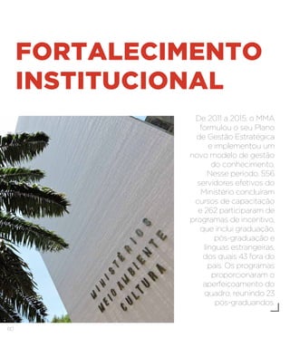 60
FORTALECIMENTO
INSTITUCIONAL
De 2011 a 2015, o MMA
formulou o seu Plano
de Gestão Estratégica
e implementou um
novo modelo de gestão
do conhecimento.
Nesse período, 556
servidores efetivos do
Ministério concluíram
cursos de capacitação
e 262 participaram de
programas de incentivo,
que inclui graduação,
pós-graduação e
línguas estrangeiras,
dos quais 43 fora do
país. Os programas
proporcionaram o
aperfeiçoamento do
quadro, reunindo 23
pós-graduandos.
 