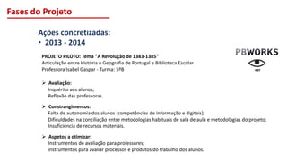 Fases do Projeto
Ações concretizadas:
• 2013 - 2014
PROJETO PILOTO: Tema "A Revolução de 1383-1385"
Articulação entre História e Geografia de Portugal e Biblioteca Escolar
Professora Isabel Gaspar - Turma: 5ºB
 Avaliação:
Inquérito aos alunos;
Reflexão das professoras.
 Constrangimentos:
Falta de autonomia dos alunos (competências de informação e digitais);
Dificuldades na conciliação entre metodologias habituais de sala de aula e metodologias do projeto;
Insuficiência de recursos materiais.
 Aspetos a otimizar:
Instrumentos de avaliação para professores;
instrumentos para avaliar processos e produtos do trabalho dos alunos.
ver
 
