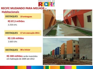 RECIFE MUDANDO PARA MELHOR –
Habitacionais
  DESTAQUES      19 entregues

    R$ 87,3 milhões
    2.258 UHs


  DESTAQUES 17 em execução 2011
                                     Via Mangue Habitacional I
                                                                  11/11/2011
    R$ 139 milhões
    2.660 UHs


  DESTAQUES      08 a iniciar


   R$ 300 milhões serão investidos
   em habitação de 2009 até 2012

                                     Via Mangue Habitacional II
                                                                  11/11/2011
 