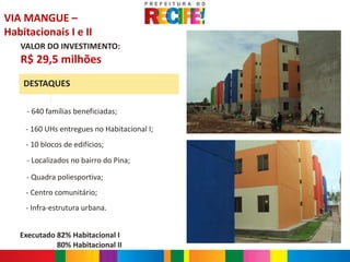 VIA MANGUE –
Habitacionais I e II
   VALOR DO INVESTIMENTO:
   R$ 29,5 milhões
    DESTAQUES

     - 640 famílias beneficiadas;

    - 160 UHs entregues no Habitacional I;
    - 10 blocos de edifícios;
     - Localizados no bairro do Pina;

     - Quadra poliesportiva;
    - Centro comunitário;
    - Infra-estrutura urbana.


   Executado 82% Habitacional I
             80% Habitacional II
 