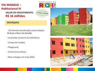 VIA MANGUE –
Habitacional III
   VALOR DO INVESTIMENTO:
   R$ 16 milhões
    DESTAQUES


    - 352 famílias beneficiadas (comunidades
    de Xuxa e Deus nos Acuda);

    - Localizado no bairro da Imbiribeira;

    - Campo de Futebol;

    - Playground;

    - Centro Comunitário;

    - Obra entregue em maio 2010.
 