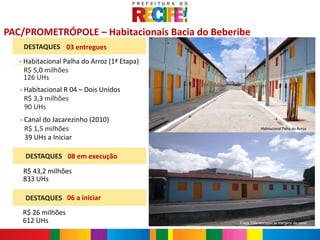 PAC/PROMETRÓPOLE – Habitacionais Bacia do Beberibe
    DESTAQUES 03 entregues
   - Habitacional Palha do Arroz (1ª Etapa)
     R$ 5,0 milhões
     126 UHs
   - Habitacional R 04 – Dois Unidos
     R$ 3,3 milhões
     90 UHs
   - Canal do Jacarezinho (2010)
     R$ 1,5 milhões                                        Habitacional Palha do Arroz

     39 UHs a Iniciar

   DESTAQUES
     DESTAQUES 08 em execução
    R$ 43,2 milhões
    833 UHs

     DESTAQUES 06 a iniciar
    R$ 26 milhões
    612 UHs                                    Casas Diferenciadas as margens do canal
 