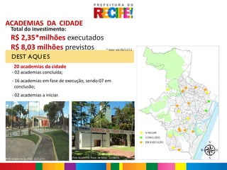 ACADEMIAS DA CIDADE
   Total do investimento:
   R$ 2,35*milhões executados
   R$ 8,03 milhões previstos                              * Valor até 06/12/11

    DEST AQU E S
      20 academias da cidade
    - 02 academias concluída;
    - 16 academias em fase de execução, sendo 07 em
      conclusão;
    - 02 academias a iniciar.




Polo Academia do Chié 21/11/11   Polo Academia Treze de Maio 12/08/11
 