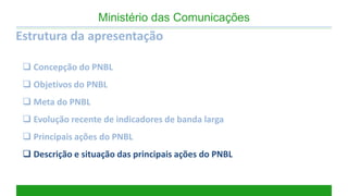 Estrutura da apresentação 
Concepção do PNBL 
Objetivos do PNBL 
Meta do PNBL 
Evolução recente de indicadores de banda larga 
Principais ações do PNBL 
Descrição e situação das principais ações do PNBL 
Ministério das Comunicações  