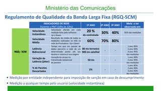Ministério das Comunicações 
INDICADORES DE REDE 
Durante o PMT (10hs às 22hs) 
1º ANO 
2º ANO 
3º ANO 
Meta a ser observada em: 
RGQ - SCM 
Velocidade Instantânea 
Velocidade aferida em cada medição feita pelo software. 
Up e Down. 
20 % 
da contratada 
30% 
40% 
95% das medições 
Velocidade Média 
Resultado da média de todas as medições realizadas no mês na rede da Prestadora. Up e Down. 
60% 
70% 
80% 
- 
Latência Bidirecional 
Tempo em que um pacote de dados percorre a rede de um determinado ponto até seu destino e retorna à sua origem 
80 ms terrestre 
900 ms satelital 
- 
- 
1 ano: 85% 
2 ano: 90% 
3 ano: 95% 
das medições 
Variação da Latência (jitter) 
Variação do atraso na transmissão seqüencial 
de pacotes 
50 ms 
- 
- 
1 ano: 90% 
2 ano: 95% 
das medições 
% de Pacotes Descartados 
- 
2% 
- 
- 
1 ano: 85% 
2 ano: 90% 
3 ano: 95% 
das medições 
Medição por entidade independente para imposição de sanção em caso de descumprimento 
Medição a qualquer tempo pelo usuário (velocidade instantânea) 
Regulamento de Qualidade da Banda Larga Fixa (RGQ-SCM)  