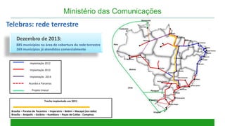 Ministério das Comunicações 
Telebras: rede terrestre 
Dezembro de 2013: 885 municípios na área de cobertura da rede terrestre 269 municípios já atendidos comercialmente 
Trecho implantado em 2011 Brasília – Paraíso do Tocantins – Imperatriz – Belém – Macapá (via rádio) Brasília - Anápolis – Goiânia – Itumbiara – Poços de Caldas - Campinas 
Implantação 2012 Implantação 2013 Implantação 2014 Acordos e Parcerias Projeto Unasul  