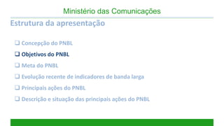 Estrutura da apresentação 
Concepção do PNBL 
Objetivos do PNBL 
Meta do PNBL 
Evolução recente de indicadores de banda larga 
Principais ações do PNBL 
Descrição e situação das principais ações do PNBL 
Ministério das Comunicações  