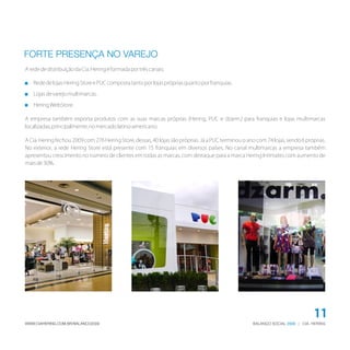 FORTE PRESENÇA NO VAREJO
A rede de distribuição da Cia. Hering é formada por três canais:

   Rede de lojas Hering Store e PUC composta tanto por lojas próprias quanto por franquias.

   Lojas de varejo multimarcas.

   Hering WebStore.

A empresa também exporta produtos com as suas marcas próprias (Hering, PUC e dzarm.) para franquias e lojas multimarcas
localizadas, principalmente, no mercado latino-americano.

A Cia. Hering fechou 2009 com 276 Hering Store, dessas, 40 lojas são próprias. Já a PUC terminou o ano com 74 lojas, sendo 6 próprias.
No exterior, a rede Hering Store está presente com 15 franquias em diversos países. No canal multimarcas a empresa também
apresentou crescimento no número de clientes em todas as marcas, com destaque para a marca Hering Intimates com aumento de
mais de 30%.




                                                                                                                                11
WWW.CIAHERING.COM.BR/BALANCO2009                                                                     BALANÇO SOCIAL 2009 | CIA. HERING
 