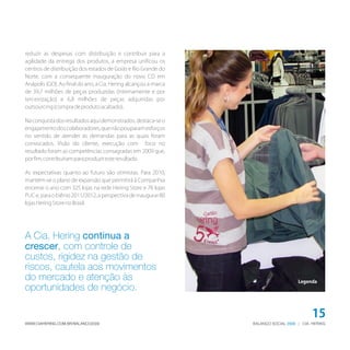 reduzir as despesas com distribuição e contribuir para a
agilidade da entrega dos produtos, a empresa unificou os
centros de distribuição dos estados de Goiás e Rio Grande do
Norte, com a consequente inauguração do novo CD em
Anápolis (GO). Ao final do ano, a Cia. Hering alcançou a marca
de 39,7 milhões de peças produzidas (internamente e por
terceirização) e 6,8 milhões de peças adquiridas por
outsourcing (compra de produto acabado).

Na conquista dos resultados aqui demonstrados, destaca-se o
engajamento dos colaboradores, que não pouparam esforços
no sentido de atender às demandas para as quais foram
convocados. Visão do cliente, execução com foco no
resultado foram as competências consagradas em 2009 que,
por fim, contribuíram para produzir este resultado.

As expectativas quanto ao futuro são otimistas. Para 2010,
mantém-se o plano de expansão que permitirá à Companhia
encerrar o ano com 325 lojas na rede Hering Store e 76 lojas
PUC e, para o biênio 2011/2012, a perspectiva de inaugurar 80
lojas Hering Store no Brasil.




A Cia. Hering continua a
crescer, com controle de
custos, rigidez na gestão de
riscos, cautela aos movimentos
do mercado e atenção às                                                              Legenda
oportunidades de negócio.

                                                                                            15
WWW.CIAHERING.COM.BR/BALANCO2009                                 BALANÇO SOCIAL 2009 | CIA. HERING
 